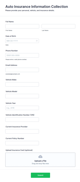 Auto Insurance Information Collection Form Template