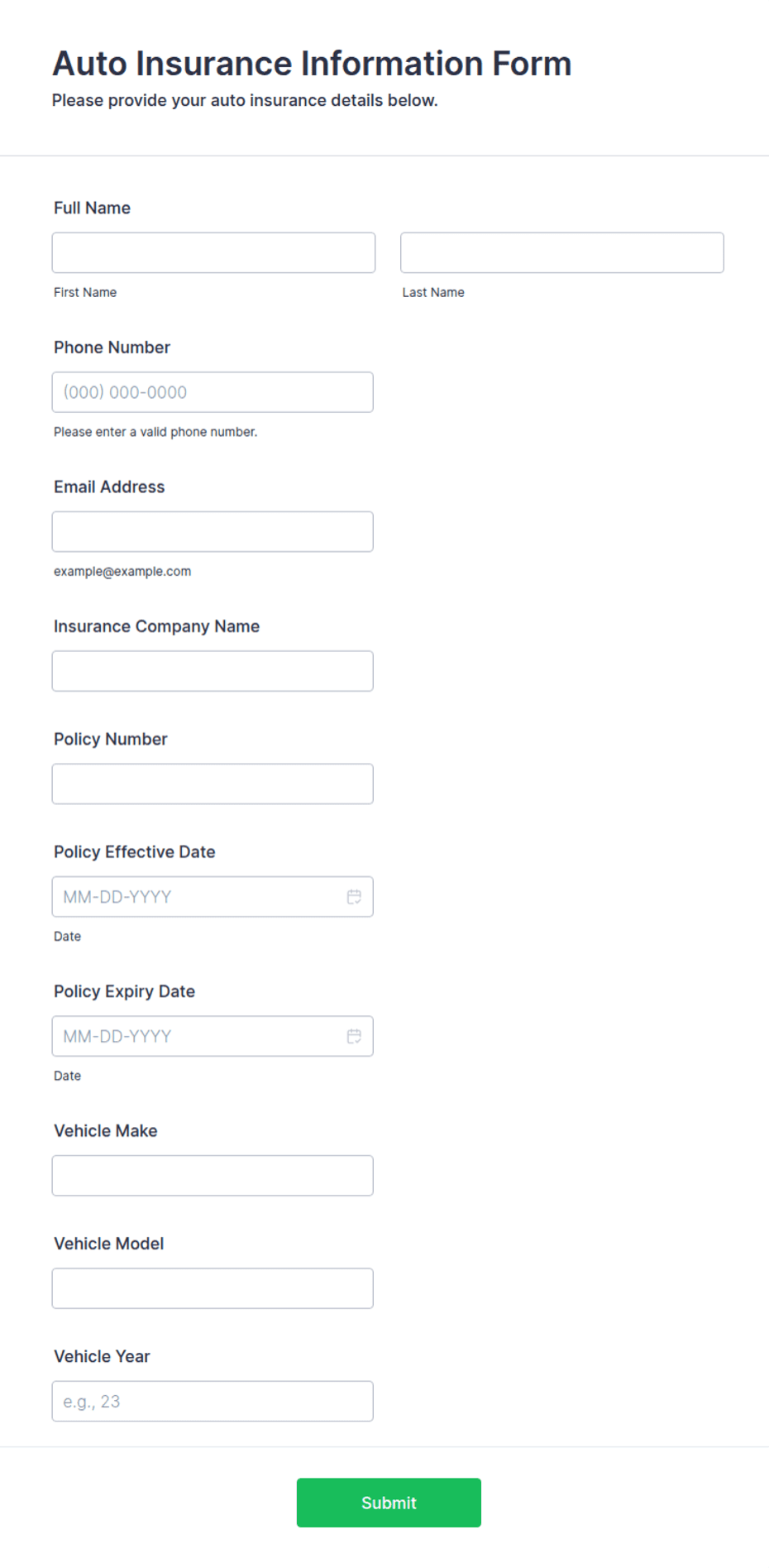 Auto Insurance Information Form Template | Jotform