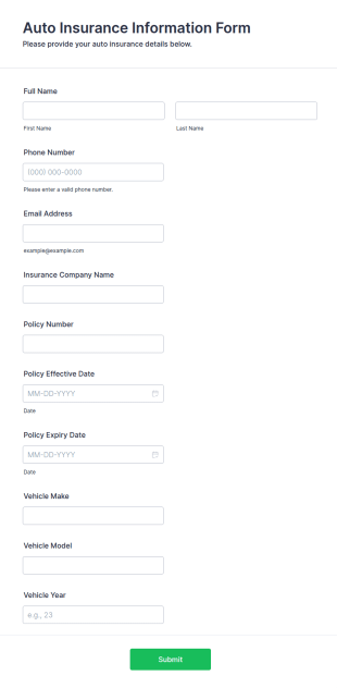 Auto Insurance Information Form Template