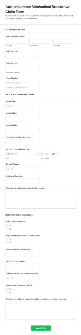 Auto Insurance Mechanical Breakdown Claim Form Template
