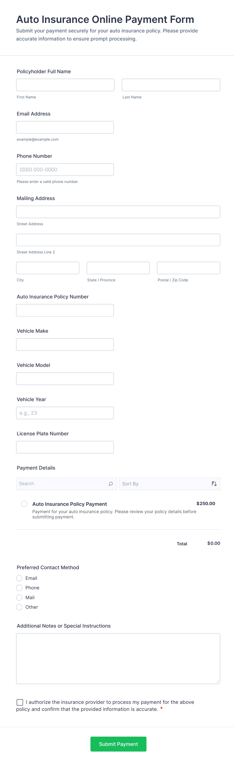 Auto Insurance Online Payment Form Template | Jotform