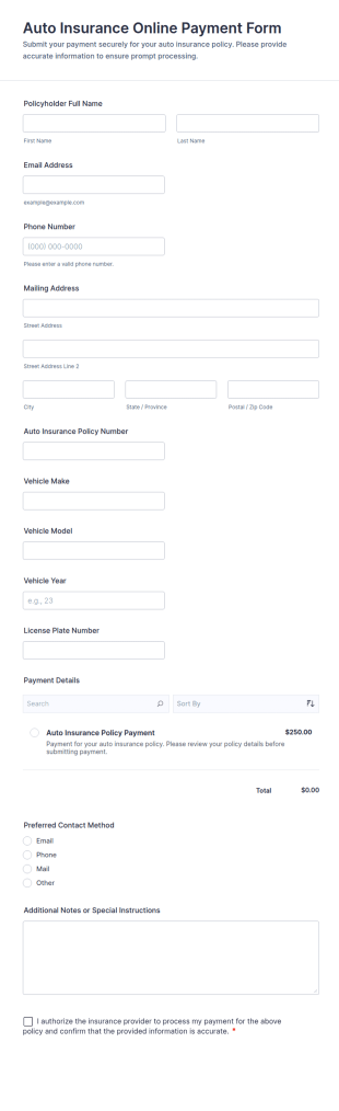 Auto Insurance Online Payment Form Template
