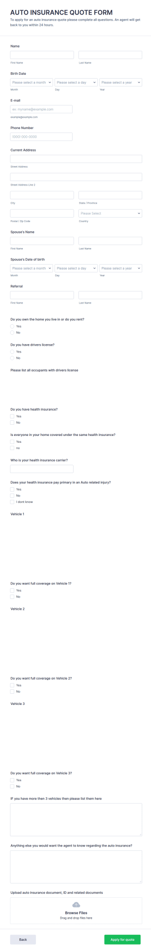 Auto Insurance Quote Form Template
