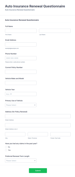 Auto Insurance Renewal Questionnaire Form Template