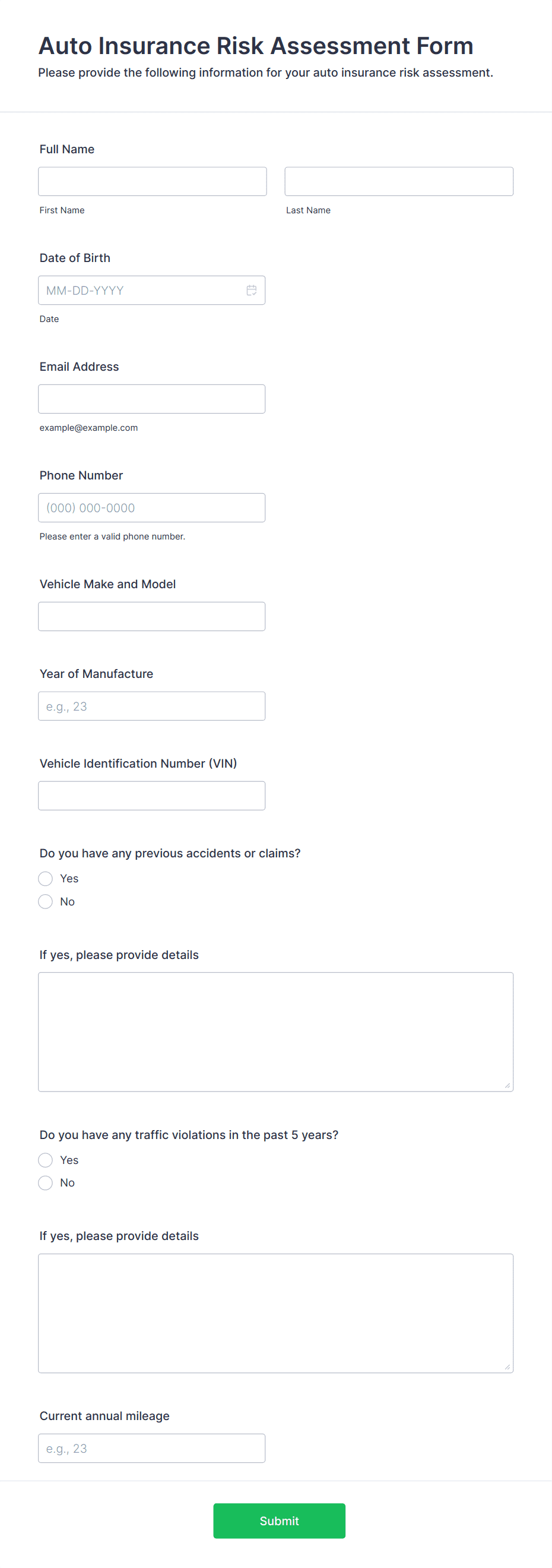 Auto Insurance Risk Assessment Form Template | Jotform