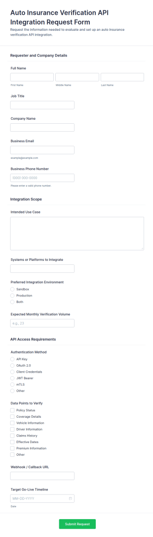 Auto Insurance Verification API Integration Request Form Template