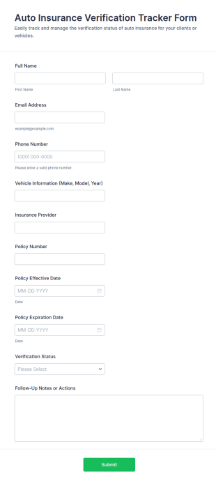 Auto Insurance Verification Tracker Form Template