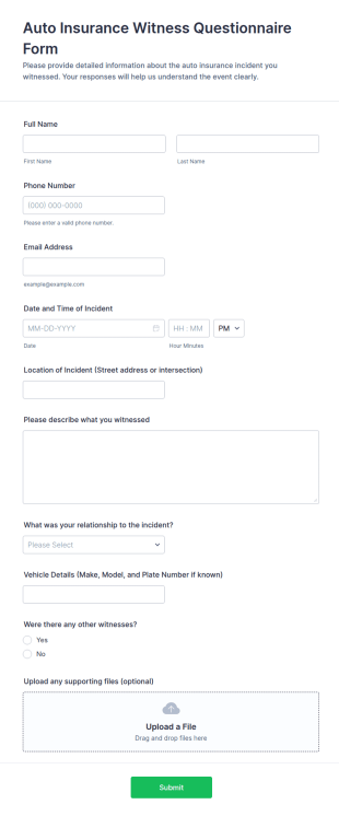 Auto Insurance Witness Questionnaire Form Template