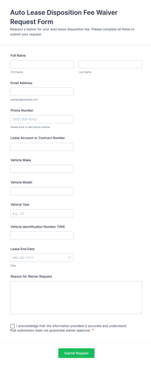 Auto Lease Disposition Fee Waiver Request Form Template