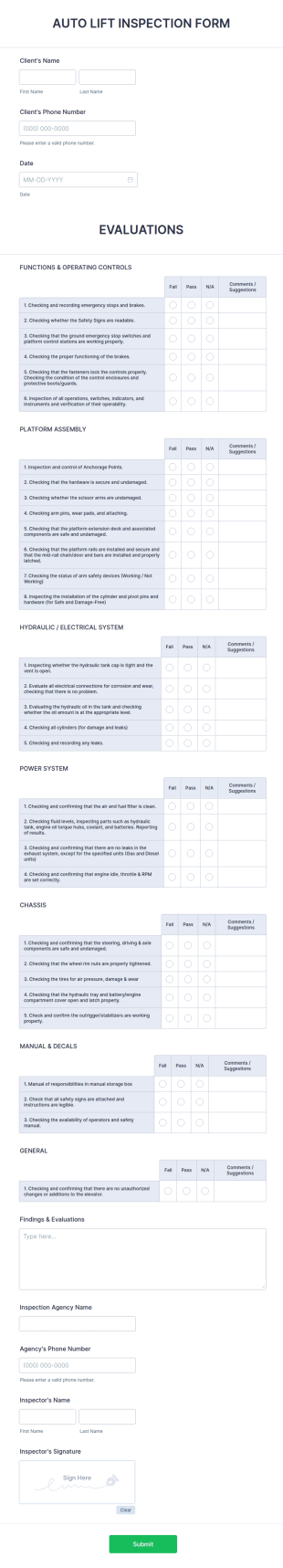 Auto Lift Inspection Form Template