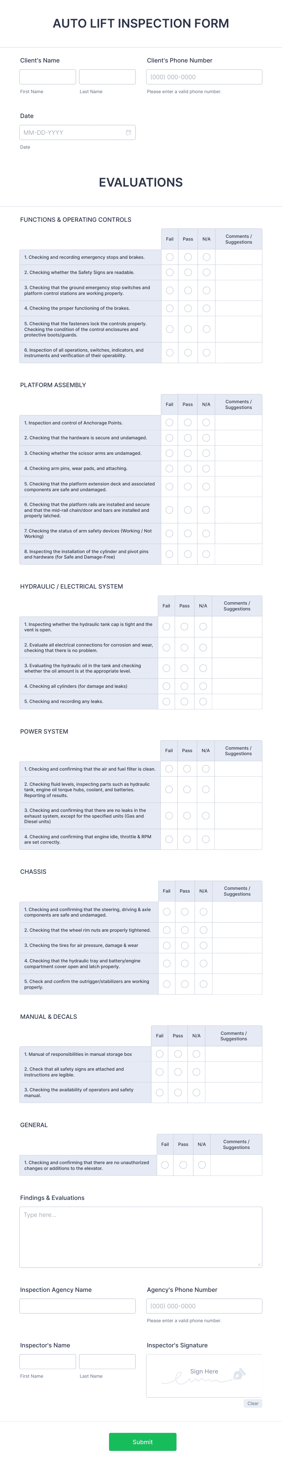 Auto Lift Inspection Form Template | Jotform