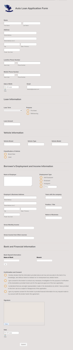 Auto Loan Application Form Template