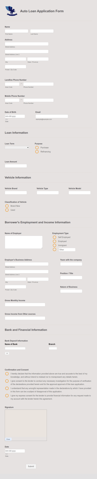 Auto Loan Application Form Template