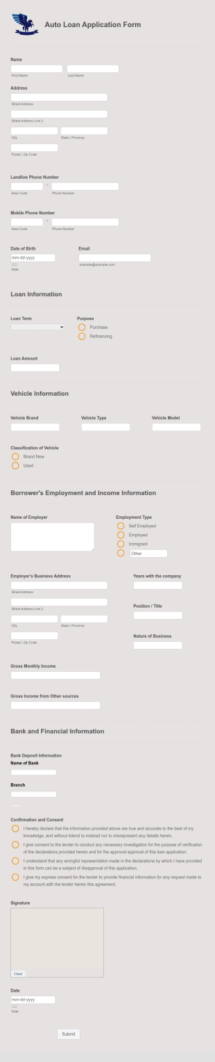 Auto Loan Application Form Template