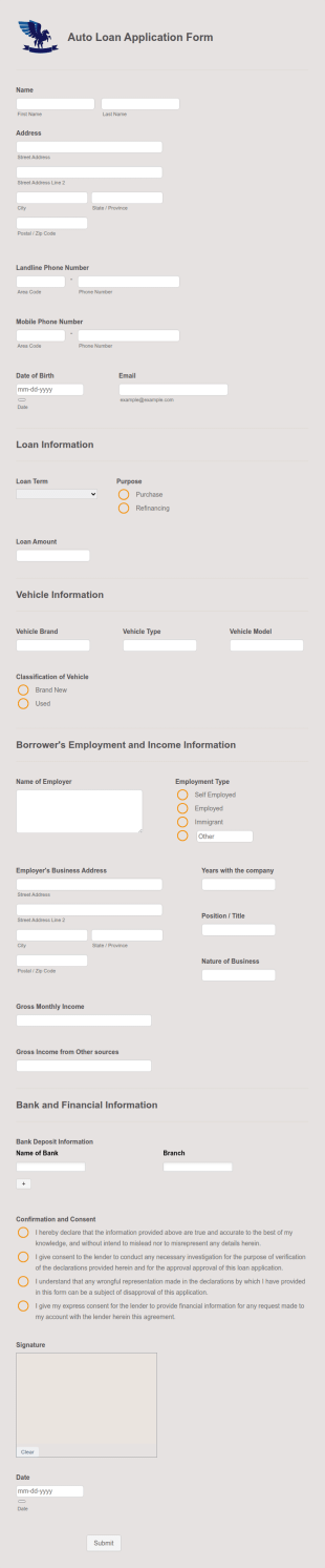 Auto Loan Application Form Template