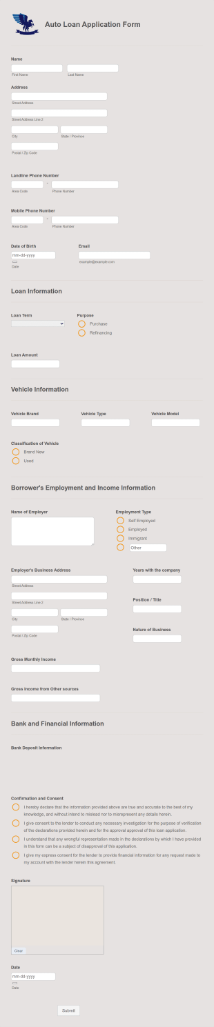 Auto Loan Application Form Template