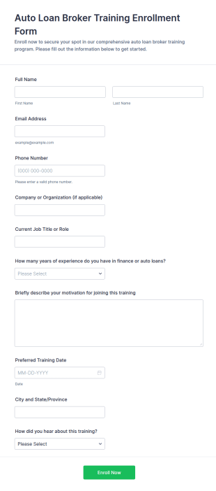 Auto Loan Broker Training Enrollment Form Template