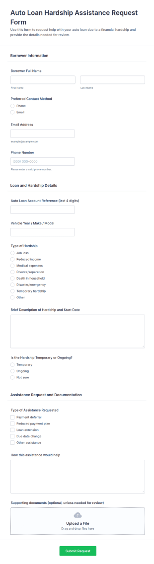 Auto Loan Hardship Assistance Request Form Template