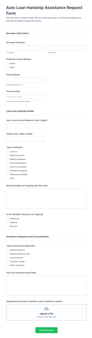 Auto Loan Hardship Assistance Request Form Template