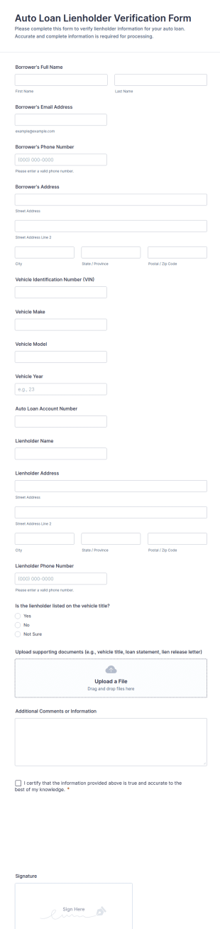 Auto Loan Lienholder Verification Form Template