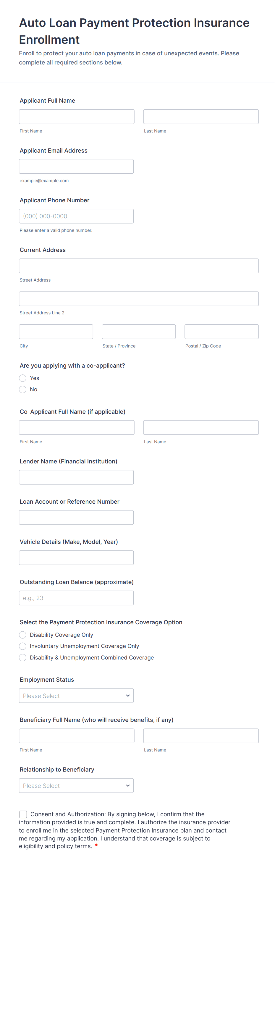 Auto Loan Payment Protection Insurance Enrollment Form Template | Jotform