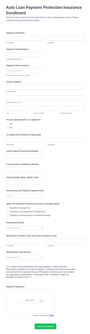 Auto Loan Payment Protection Insurance Enrollment Form Template