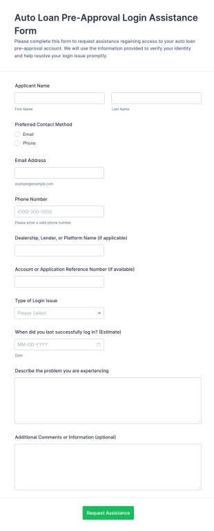 Auto Loan Pre Approval Login Assistance Form Template