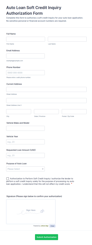 Auto Loan Soft Credit Inquiry Authorization Form Template