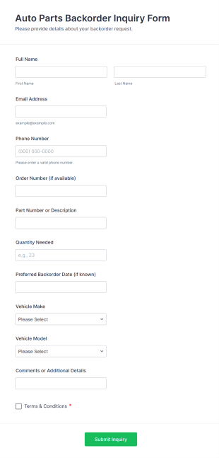 Auto Parts Backorder Inquiry Form Template