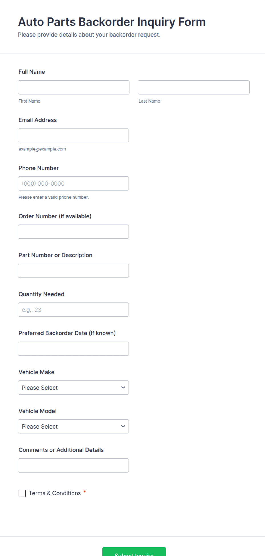 Auto Parts Form Auto Parts Backorder Inquiry Form Template | Jotform