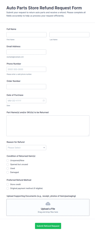 Auto Parts Store Refund Request Form Template