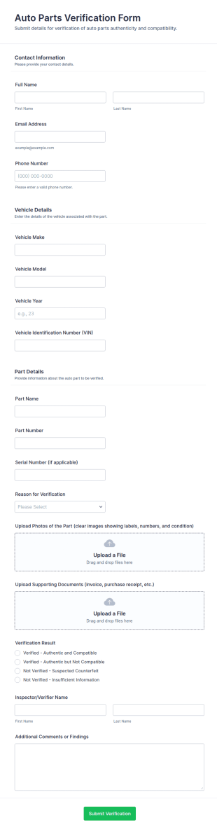 Auto Parts Verification Form Template