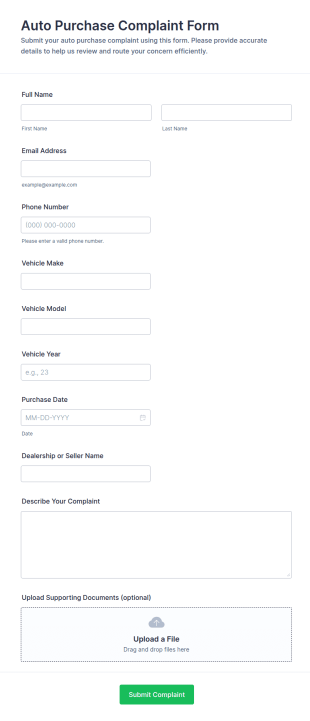 Auto Purchase Complaint Form Template
