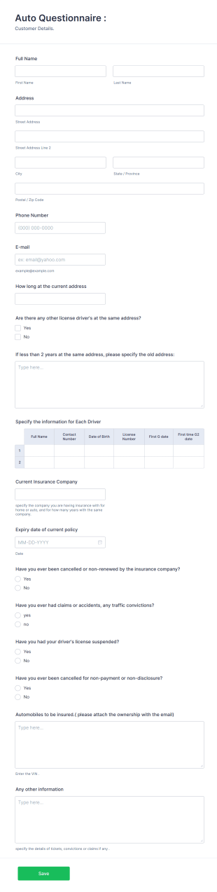 Auto Insurance Questionnaire Form Template