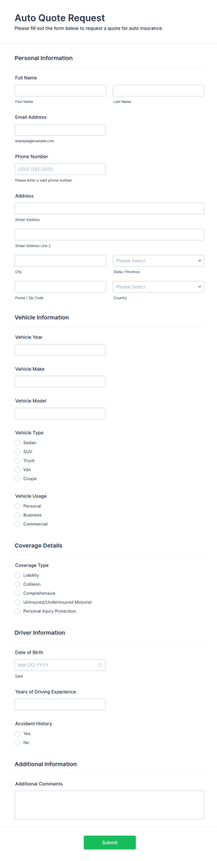 Auto Quote Request Form Template