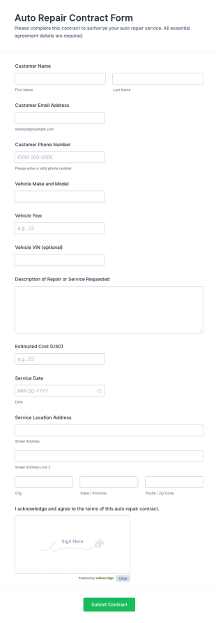 Auto Repair Contract Form Template