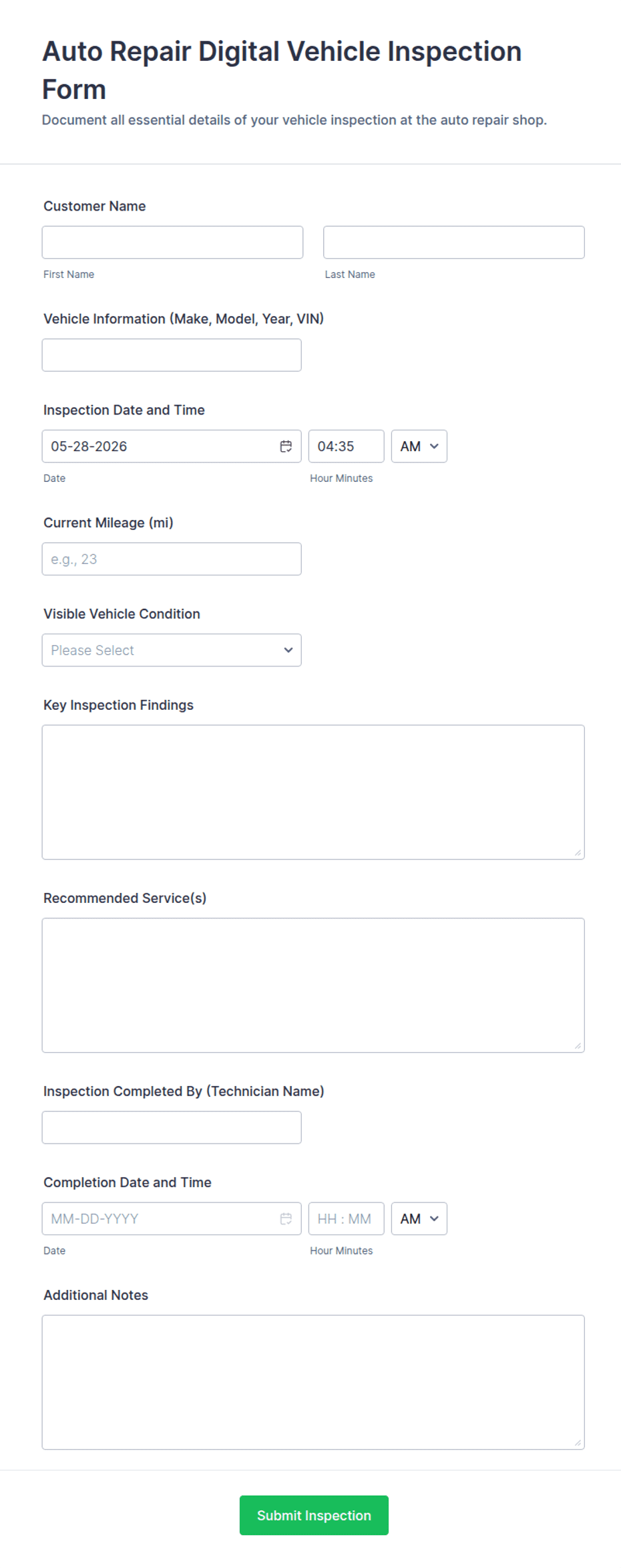 Auto Repair Digital Vehicle Inspection Form Template | Jotform