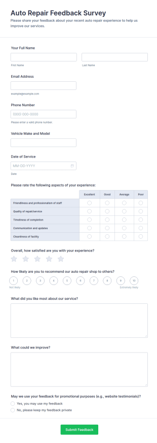 Auto Repair Feedback Survey Form Template