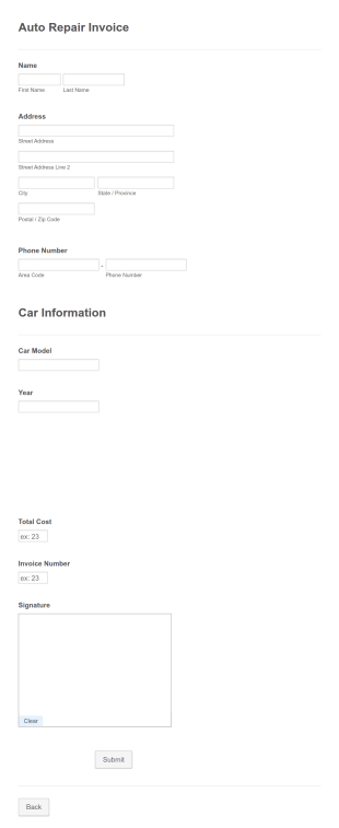 Auto Repair Invoice Form Template