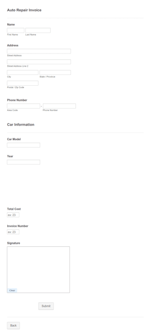Auto Repair Invoice Form Template