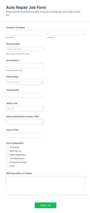 Auto Repair Job Form Template