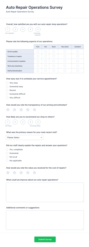 Auto Repair Operations Survey Form Template