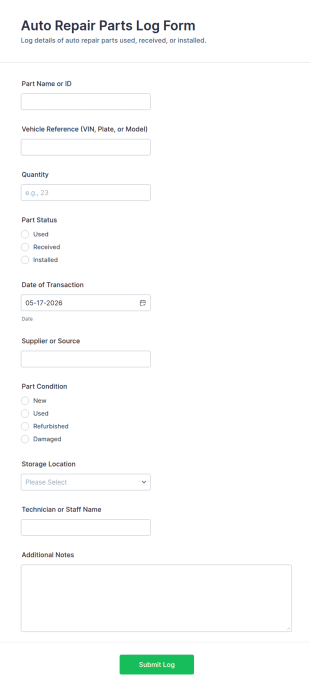 Auto Repair Parts Log Form Template