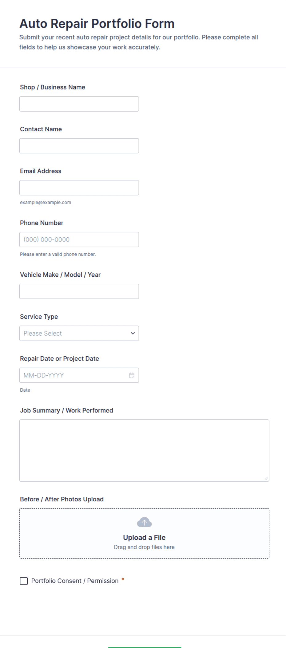 Auto Repair Portfolio Form Template | Jotform