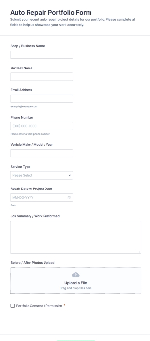 Auto Repair Portfolio Form Template