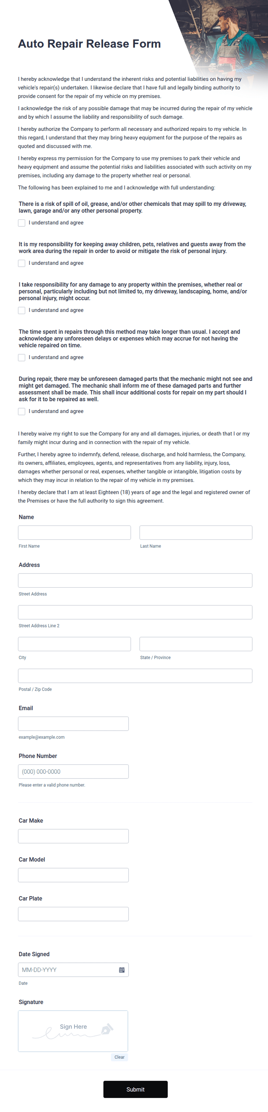 Auto Repair Release Form Template Jotform