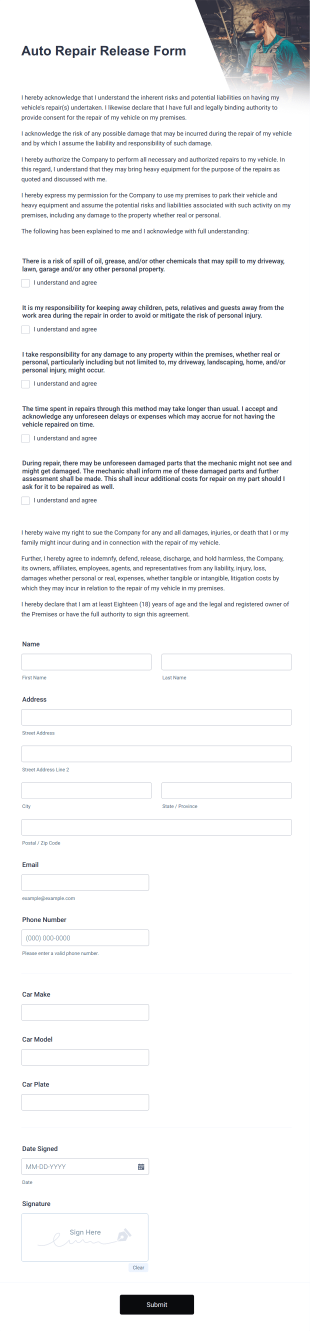 Auto Repair Release Form Template