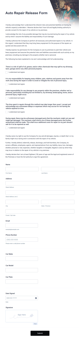 Auto Repair Release Form Template