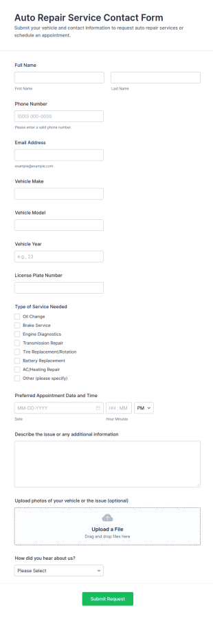 Auto Repair Service Contact Form Template