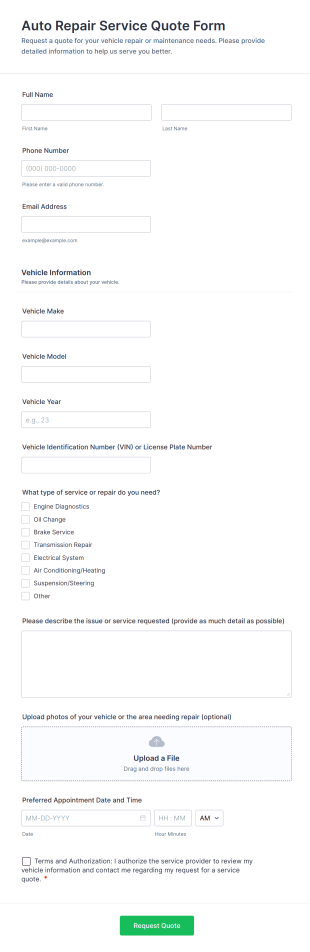 Auto Repair Service Quote Form Template